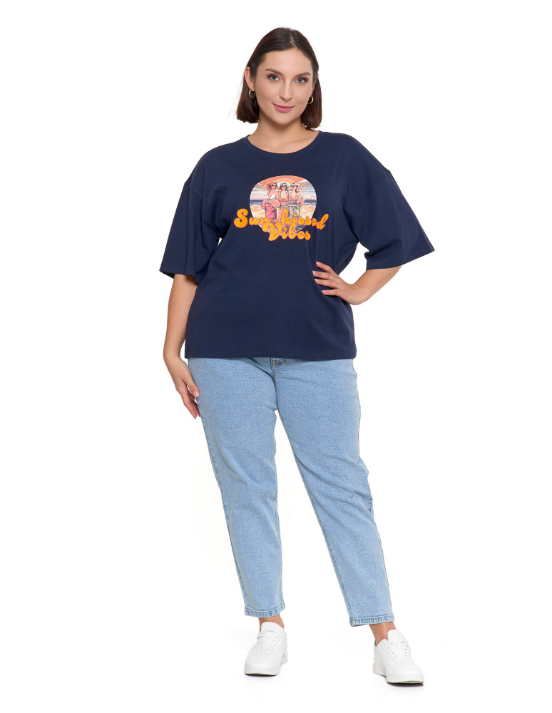 Koszulki i T-shirty - T-shirt damski oversize z nadrukiem GRANATOWY  - produkt moraj.pl 4