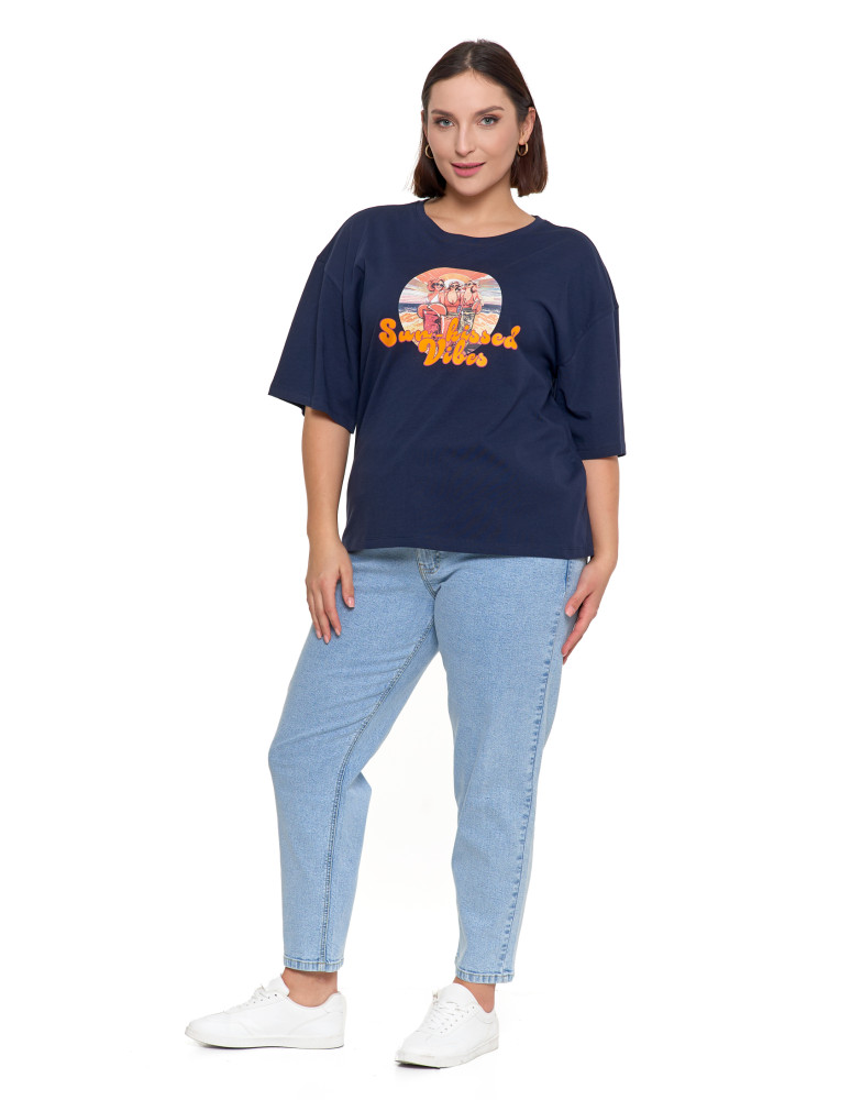 Koszulki i T-shirty - T-shirt damski oversize z nadrukiem GRANATOWY  - produkt moraj.pl 5