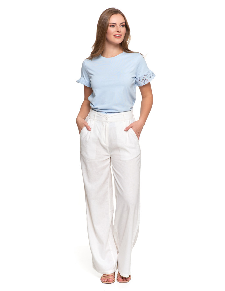 Spodnie damskie - Damskie szerokie spodnie lniane z wysokim stanem BIAŁY  - produkt moraj.pl 3