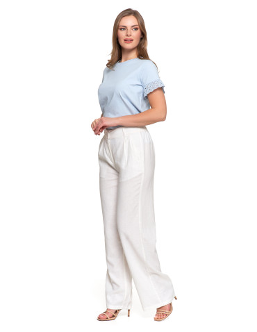 Spodnie damskie - Damskie szerokie spodnie lniane z wysokim stanem BIAŁY - produkt 4