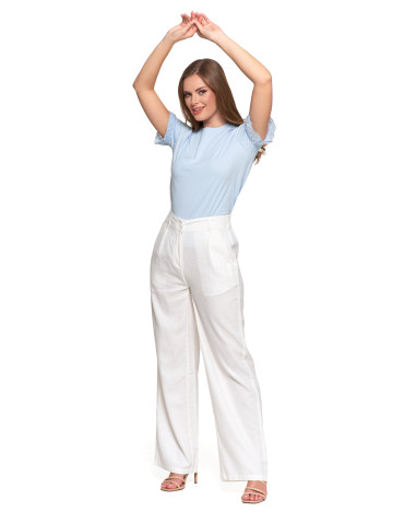 Spodnie damskie - Damskie szerokie spodnie lniane z wysokim stanem BIAŁY - produkt 5