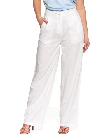 Spodnie damskie - Damskie szerokie spodnie lniane z wysokim stanem BIAŁY - produkt 7