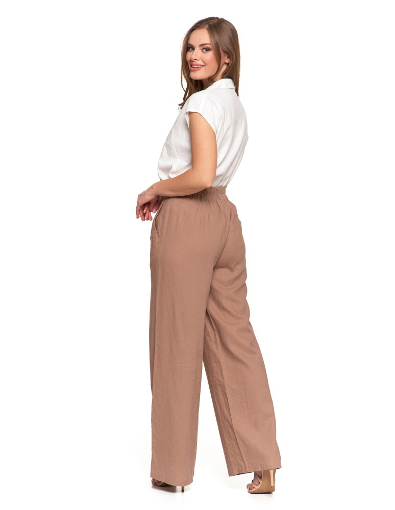 Spodnie damskie - Damskie szerokie spodnie lniane z wysokim stanem BEŻOWY  - produkt moraj.pl 2