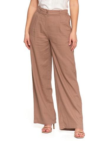 Spodnie damskie - Damskie szerokie spodnie lniane z wysokim stanem BEŻOWY - produkt 7