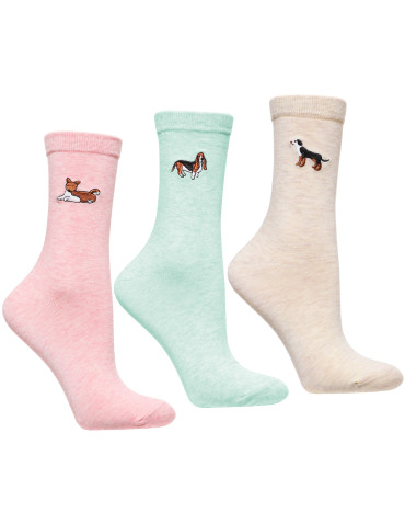 Skarpetki damskie długie z haftowanymi pieskami 3-pak