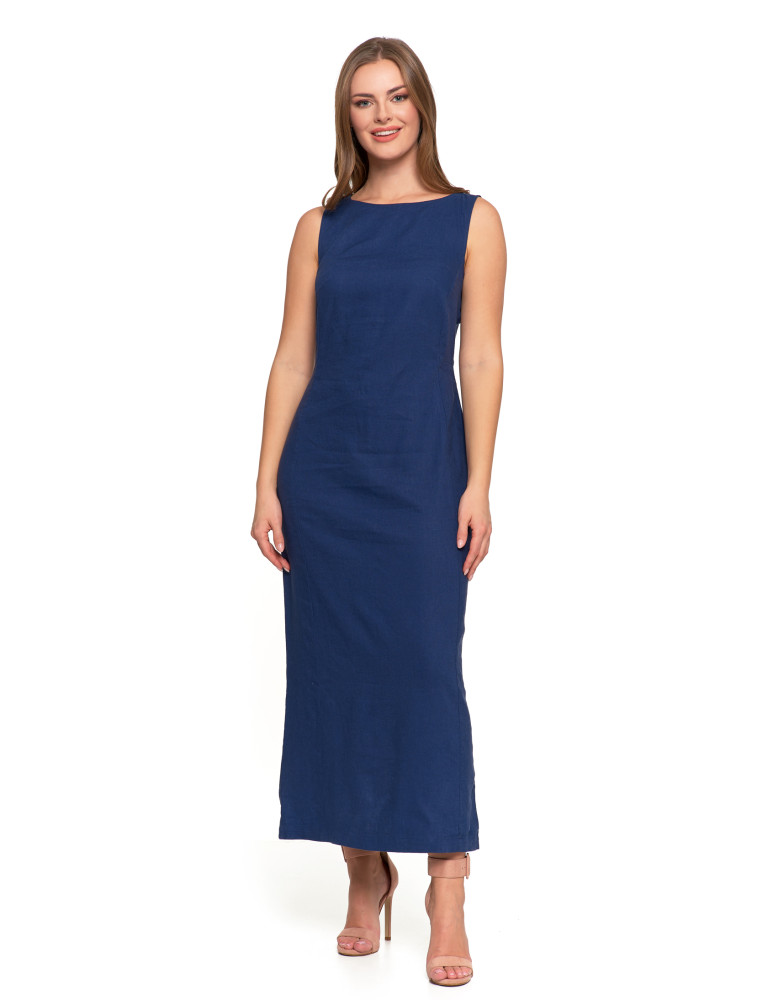 Sukienki i kombinezony - Sukienka lniana damska maxi GRANATOWY  - produkt moraj.pl 2