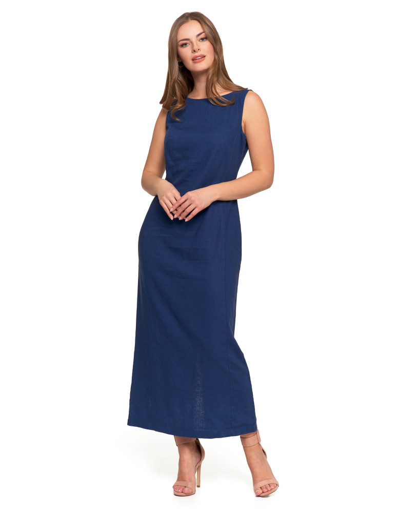 Sukienki i kombinezony - Sukienka lniana damska maxi GRANATOWY  - produkt moraj.pl 5