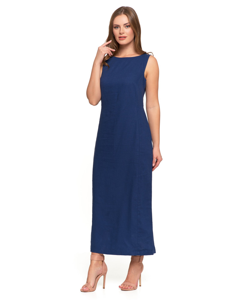 Sukienki i kombinezony - Sukienka lniana damska maxi GRANATOWY  - produkt moraj.pl 6