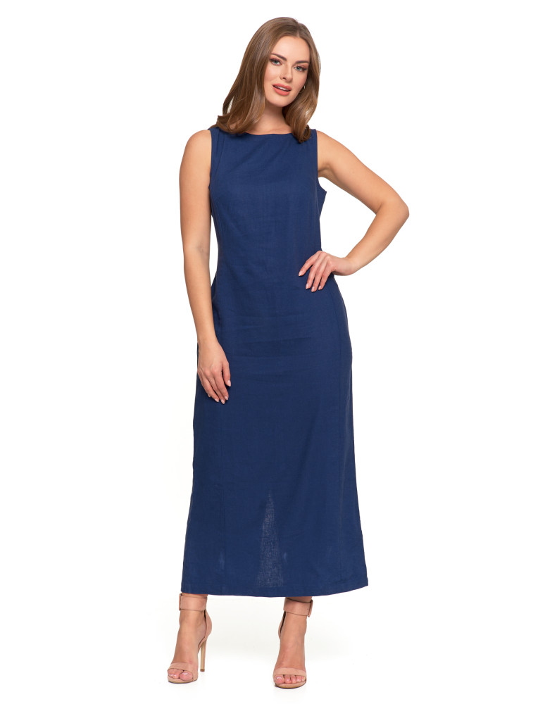 Sukienki i kombinezony - Sukienka lniana damska maxi GRANATOWY  - produkt moraj.pl 8