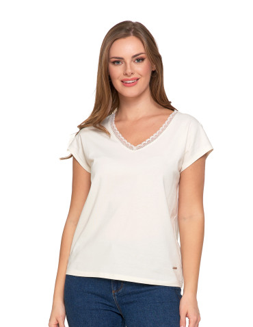 Bluzki i koszule - Bluzka damska bawełniana z koronkowym dekoltem BIAŁY - produkt 1