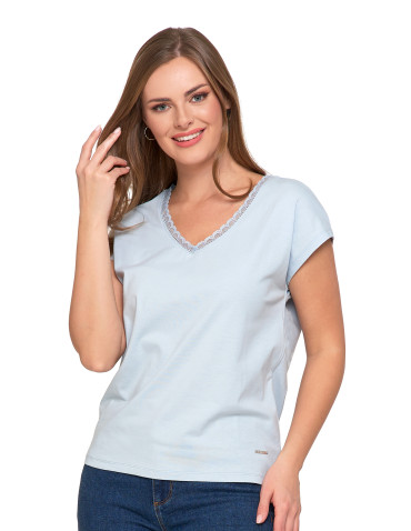 Bluzki i koszule - Bluzka damska bawełniana z koronkowym dekoltem NIEBIESKI - produkt 1