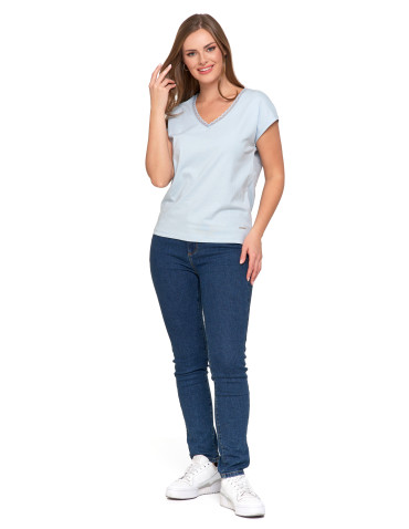 Bluzki i koszule - Bluzka damska bawełniana z koronkowym dekoltem NIEBIESKI - produkt 4