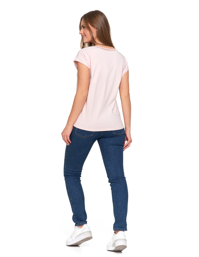 Bluzki i koszule - Bluzka damska bawełniana z koronkowym dekoltem RÓŻOWY  - produkt moraj.pl 3