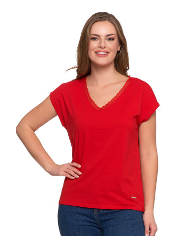 Bluzki i koszule - Bluzka damska bawełniana z koronkowym dekoltem CZERWONY - produkt 1