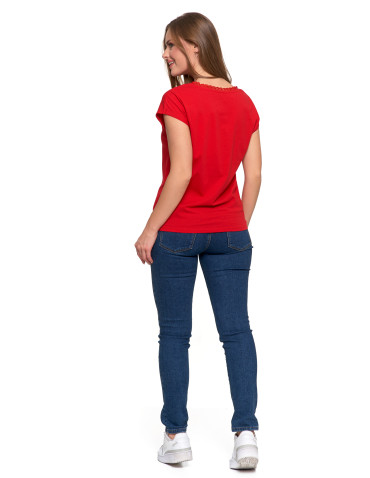 Bluzki i koszule - Bluzka damska bawełniana z koronkowym dekoltem CZERWONY - produkt 3