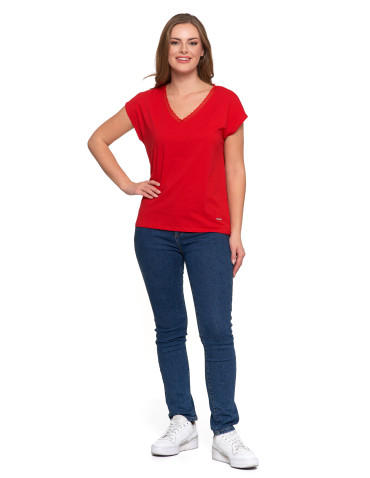 Bluzki i koszule - Bluzka damska bawełniana z koronkowym dekoltem CZERWONY - produkt 4