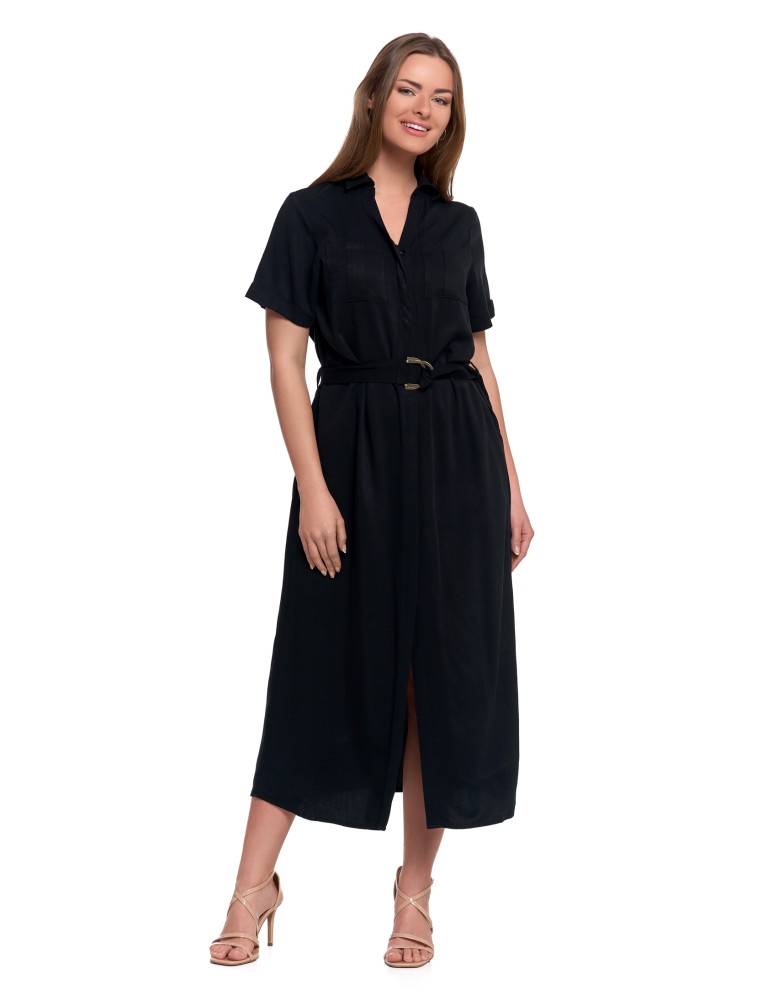 Sukienka damska szmizjerka midi z wiązaniem CZARNY