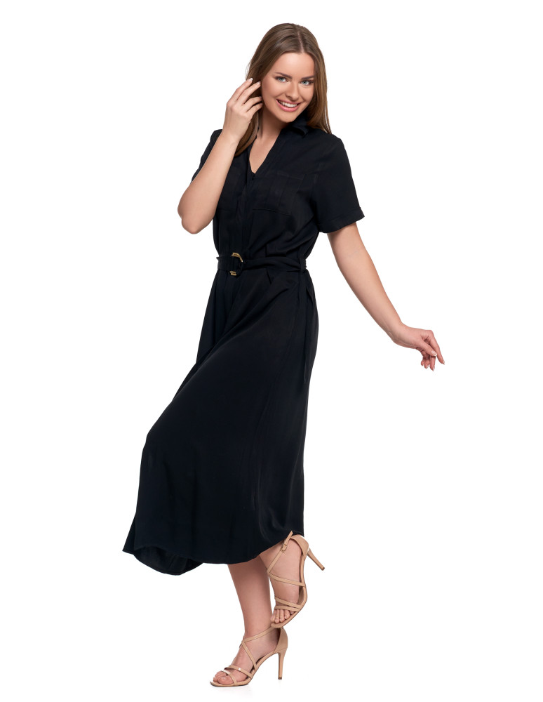 Sukienki i kombinezony - Sukienka damska szmizjerka midi z wiązaniem CZARNY - produkt moraj.pl 5