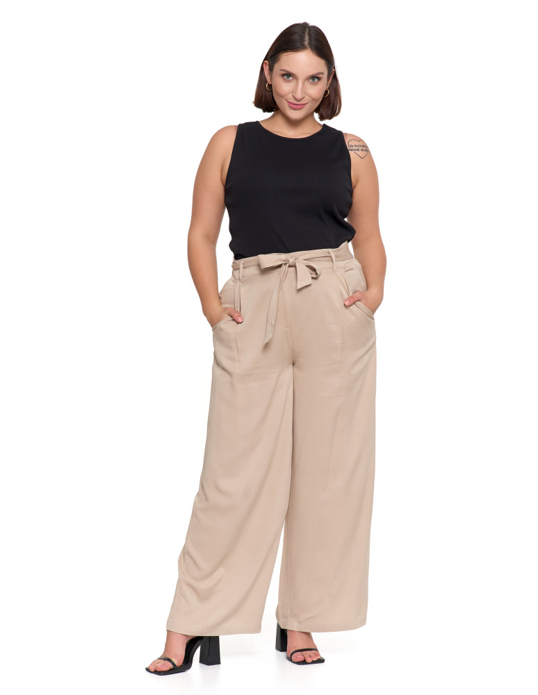 Spodnie damskie - Szerokie spodnie damskie z wysokim stanem BEŻOWY - produkt moraj.pl 1