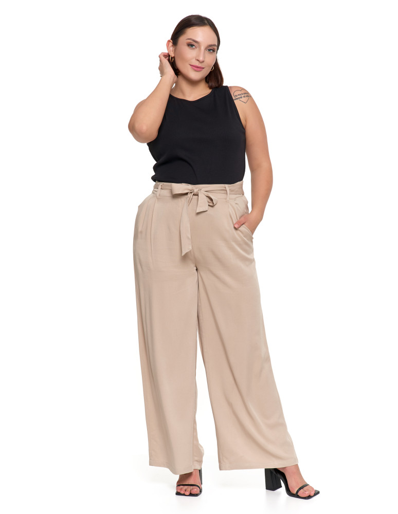 Spodnie damskie - Szerokie spodnie damskie z wysokim stanem BEŻOWY  - produkt moraj.pl 3