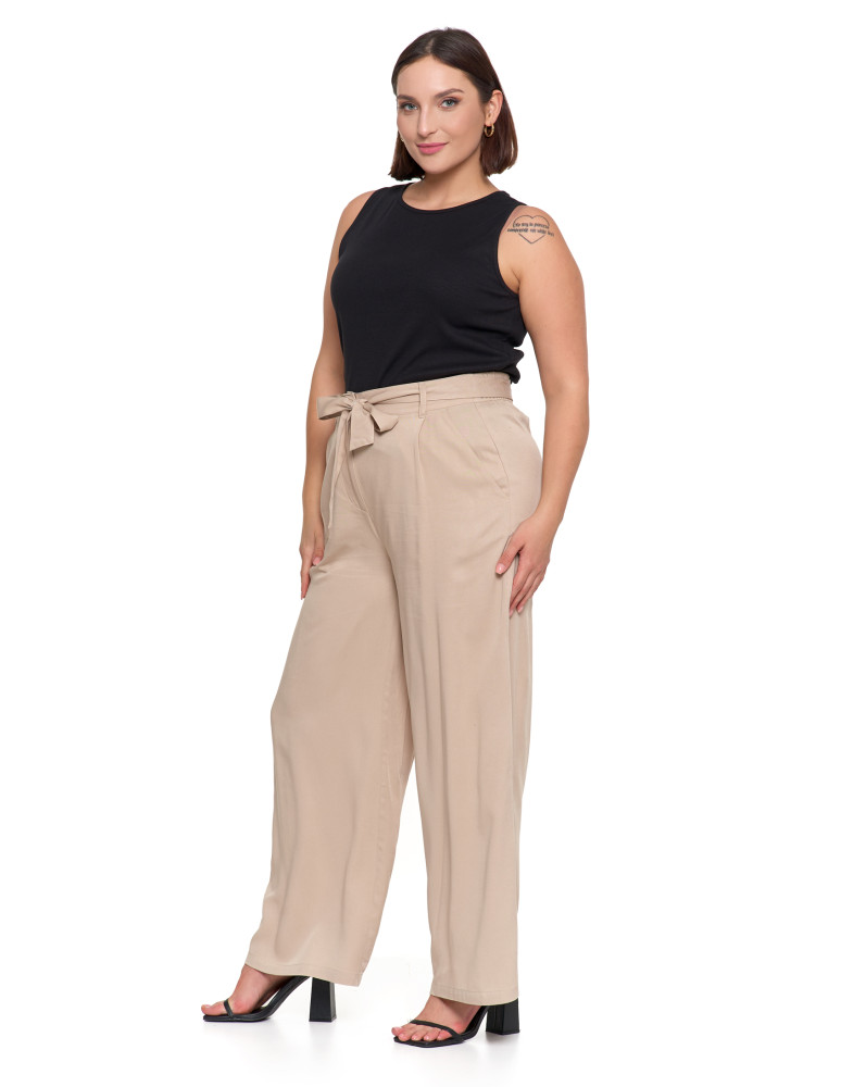 Spodnie damskie - Szerokie spodnie damskie z wysokim stanem BEŻOWY  - produkt moraj.pl 4