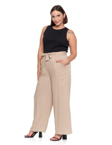 Spodnie damskie - Szerokie spodnie damskie z wysokim stanem BEŻOWY - produkt 5
