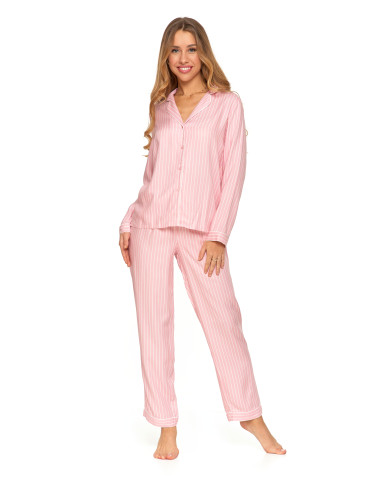 Długi rękaw - Damska piżama rozpianana z wiskozy z kołnierzykiem wzorzysta RÓŻOWY - produkt 1