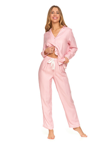 Długi rękaw - Damska piżama rozpianana z wiskozy z kołnierzykiem wzorzysta RÓŻOWY - produkt 2