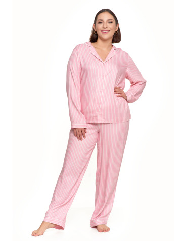 Długi rękaw - Damska piżama rozpianana z wiskozy z kołnierzykiem wzorzysta RÓŻOWY - produkt 5