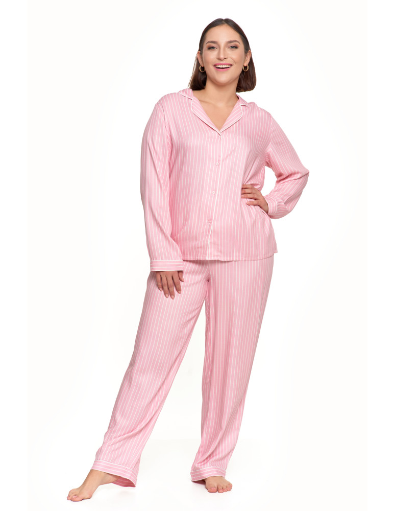 Długi rękaw - Damska piżama rozpianana z wiskozy z kołnierzykiem wzorzysta RÓŻOWY  - produkt moraj.pl 5