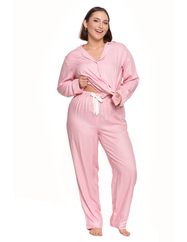 Długi rękaw - Damska piżama rozpianana z wiskozy z kołnierzykiem wzorzysta RÓŻOWY  - produkt moraj.pl 6