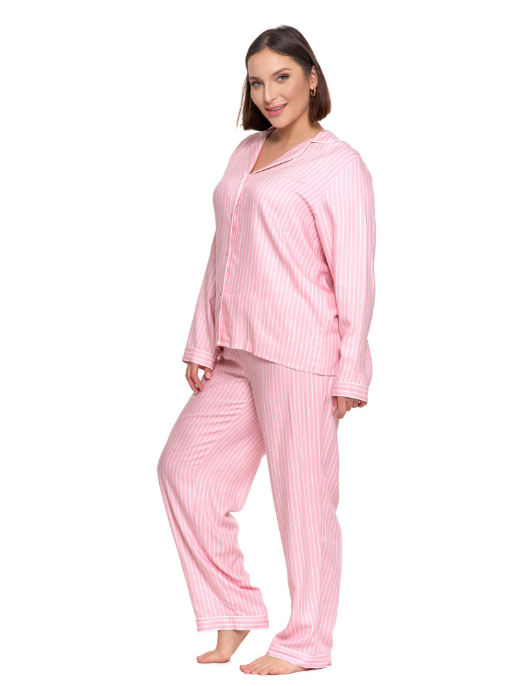 Długi rękaw - Damska piżama rozpianana z wiskozy z kołnierzykiem wzorzysta RÓŻOWY  - produkt moraj.pl 7