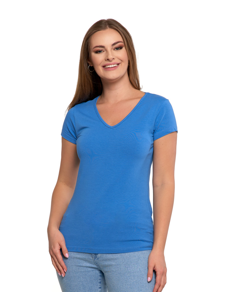 T-shirt damski bawełniany z dekoltem V Plus Size NIEBIESKI