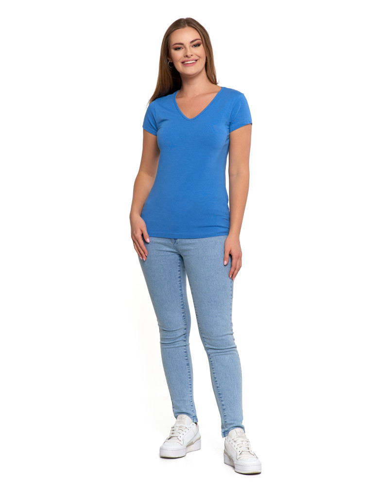 Koszulki i T-shirty - T-shirt damski bawełniany z dekoltem V NIEBIESKI - produkt moraj.pl 4