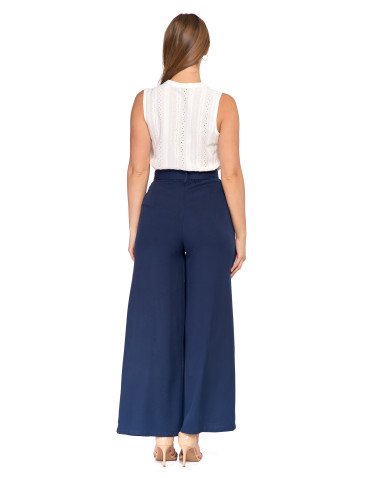 Spodnie damskie - Szerokie spodnie damskie z wysokim stanem GRANATOWY - produkt 3