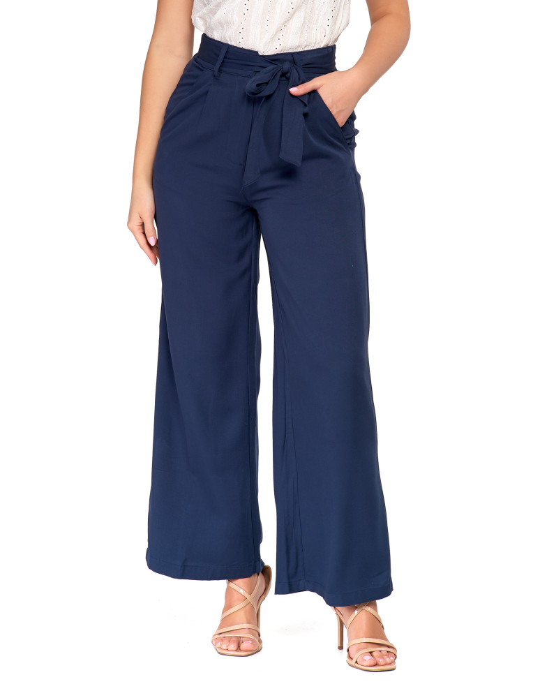 Spodnie damskie - Szerokie spodnie damskie z wysokim stanem GRANATOWY  - produkt moraj.pl 4