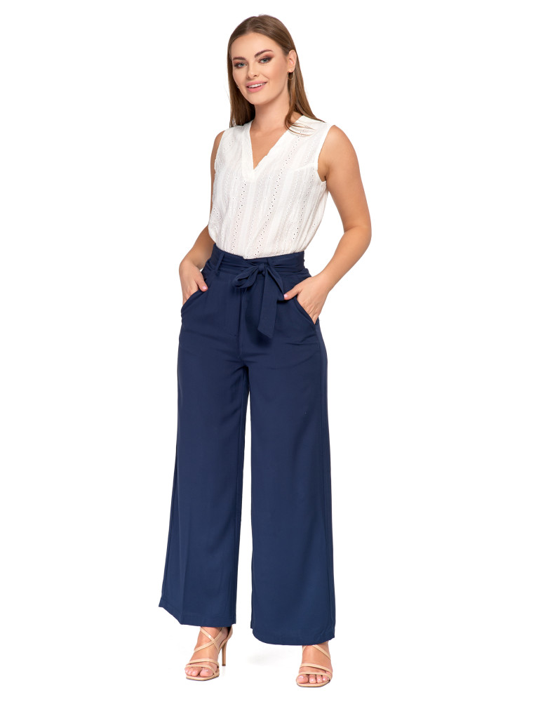 Spodnie damskie - Szerokie spodnie damskie z wysokim stanem GRANATOWY  - produkt moraj.pl 5