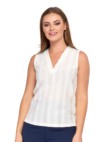 Bluzki i koszule - Ażurowa bluzka damska bez rękawów z dekoltem w serek BIAŁY - produkt 1
