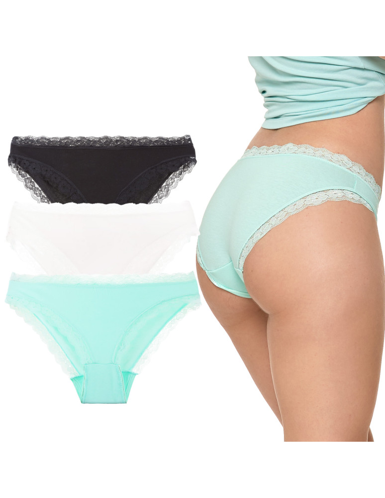 Majtki figi damskie koronkowe wykończenie bawełniane 3-pak WIELOKOLOROWY
