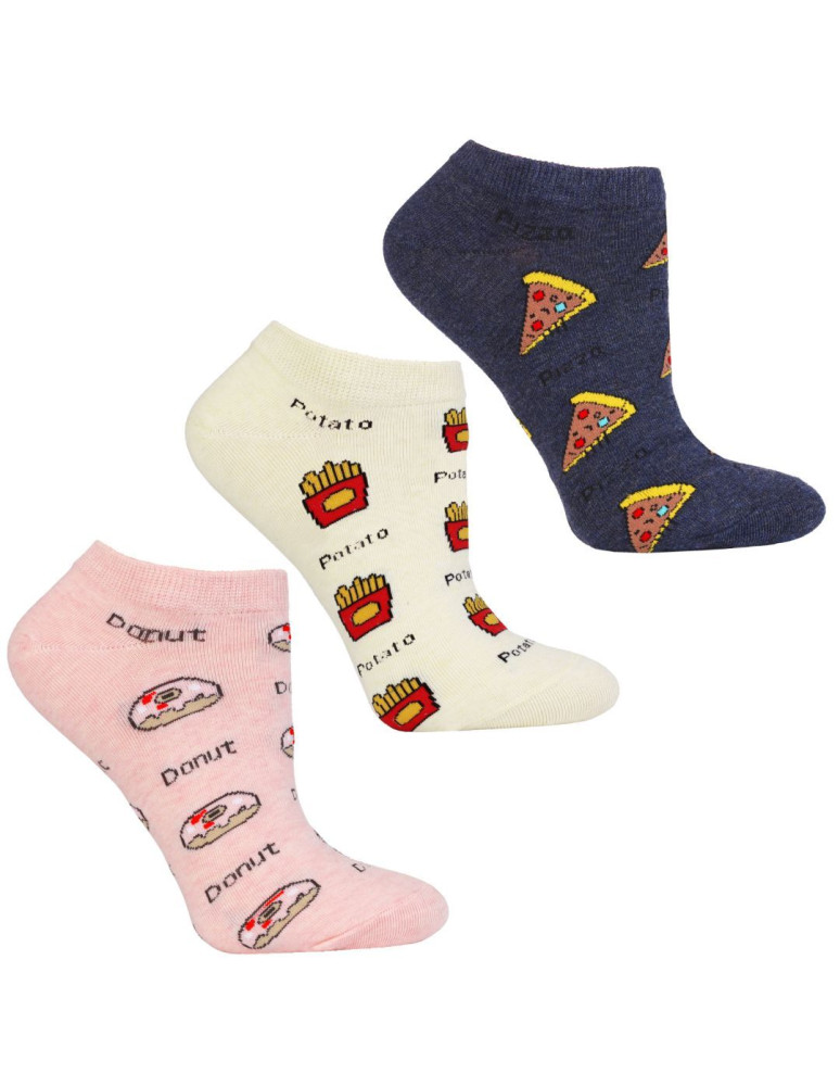Bawełniane damskie skarpetki stopki wzór w jedzenie 3-pak WIELOKOLOROWY
