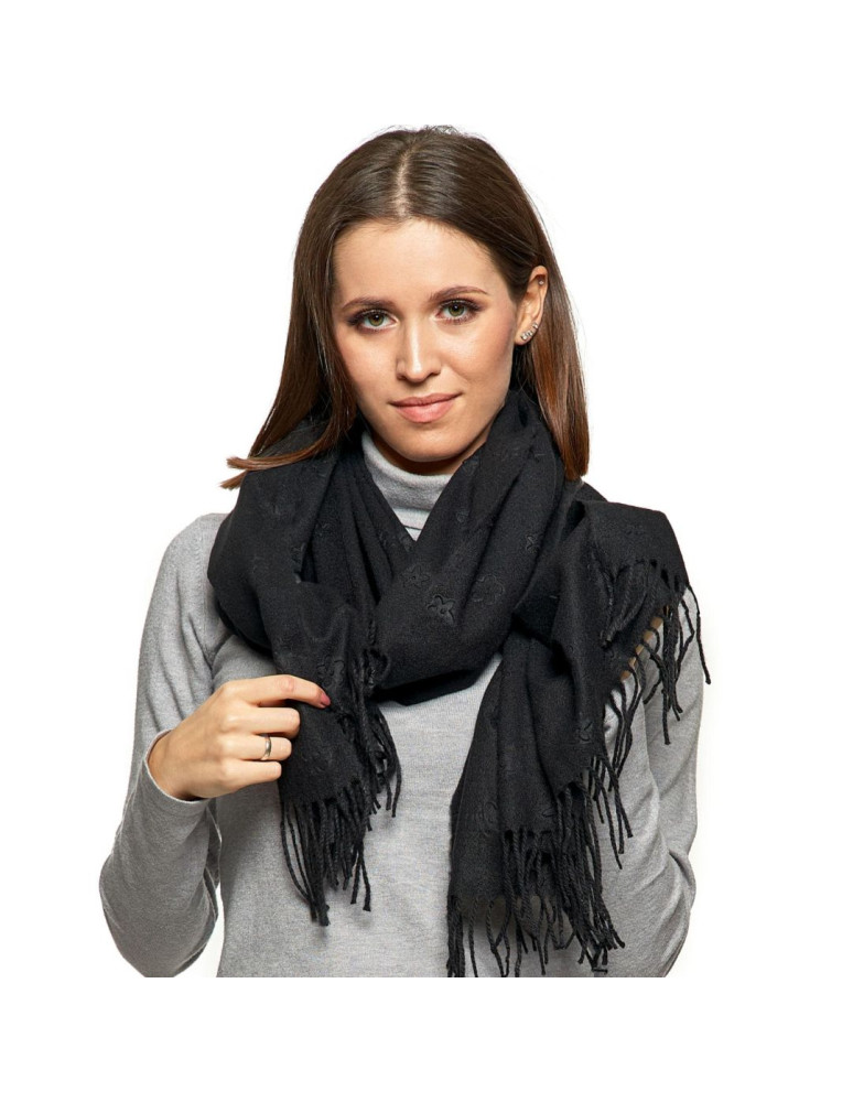 Szale i chusty - Szal damski gruby z frędzlami i drobnym kwiecistym tłoczenie CZARNY - produkt moraj.pl 2