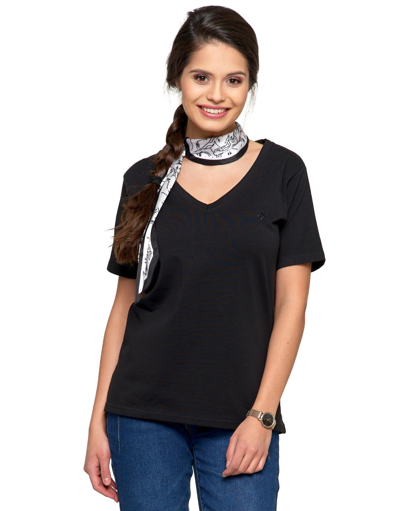 Koszulka damska bawełna Premium T-shirt dekolt w serek CZARNY