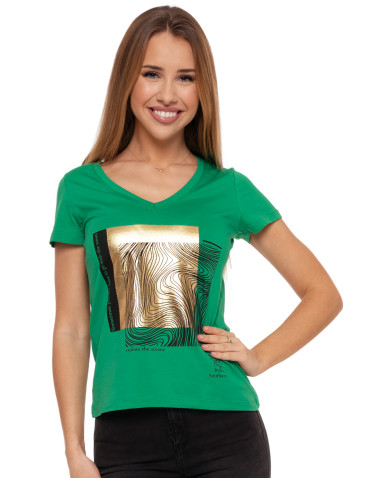 T-shirt damski z dekoltem w serek i złotym nadrukiem