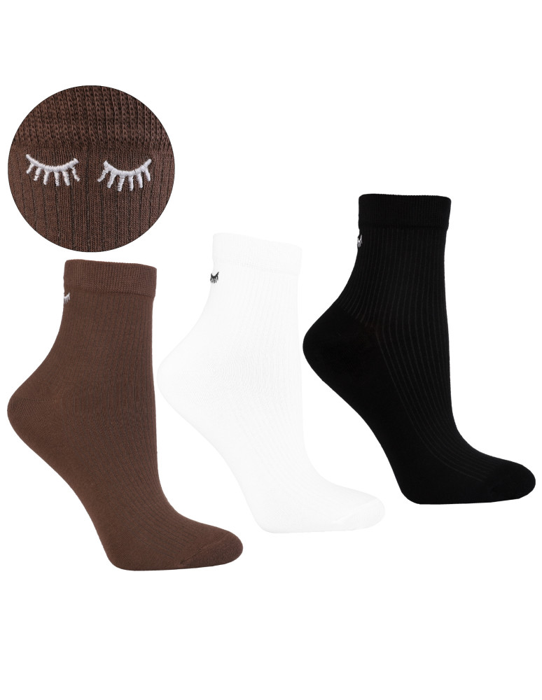 Skarpetki krótkie damskie 3/4 prążkowane z z haftem 3-pak WIELOKOLOROWY