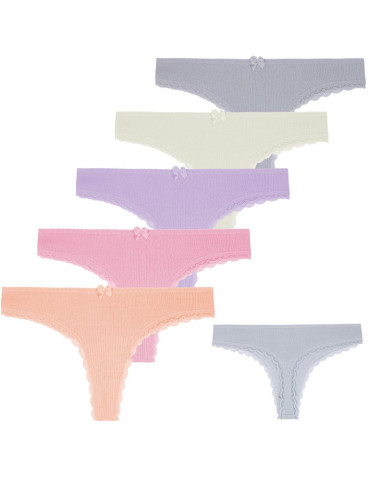 Majtki stringi damskie bawełniane w prążek z koronką 5-pak
