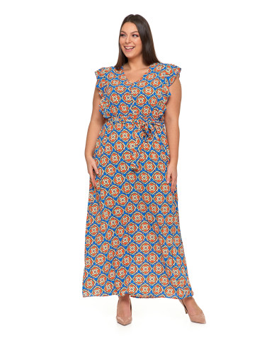 Sukienka damska maxi z motylkowym rękawem w orientalny wzór