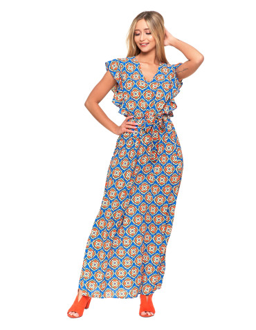 Sukienki i kombinezony - Sukienka damska maxi z motylkowym rękawem w orientalny wzór NIEBIESKI - produkt 3