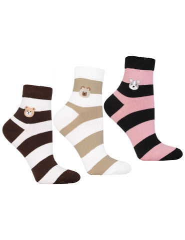 Skarpetki damskie bawełniane w paski z haftem misie 3-pak