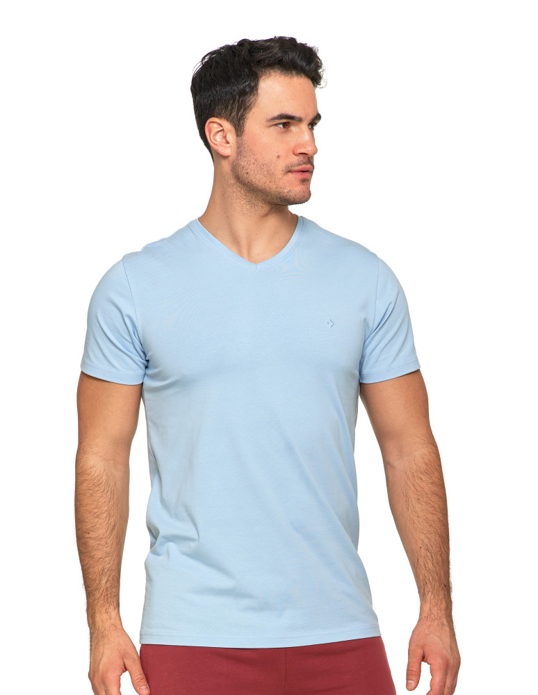 Koszulka męska bawełna Premium T-shirt dekolt w serek JASNY NIEBIESKI