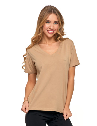 Koszulki i T-shirty - Koszulka damska bawełna Premium T-shirt dekolt w serek BEŻOWY - produkt 1